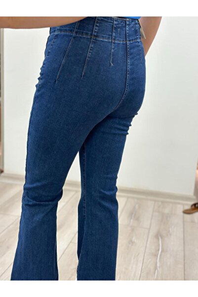 MELTEM TUĞAN Pensli İspanyol Paça Jean KOYU MAVİ