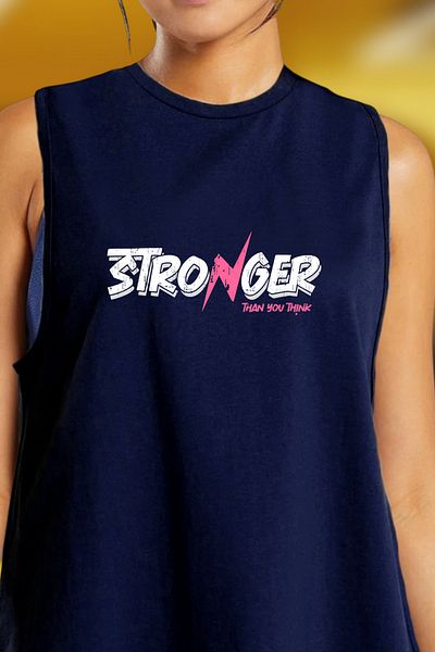 BESSA Women's Stronger Printed Navy Blue Oversize Crew Neck Cotton Sleeveless T-Shirt/Undershirt Gym Tank Top