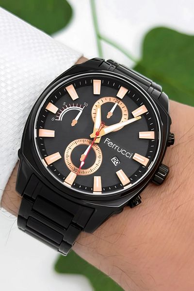 Ferrucci 3Atm Water Resistant Men's Wrist Watch, Steel Band & Special Design, Black Sdfer160