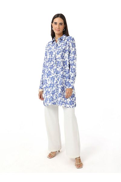 Refka Button Detailed Floral Printed Voile Tunic - Blue Patterned - Refka
