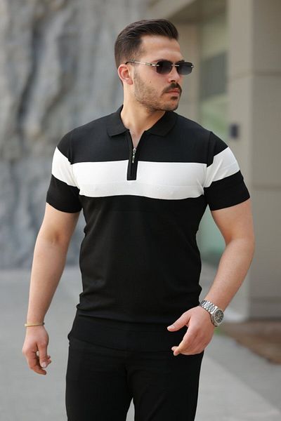 modaserdem Men's zipper collar stripe color pattern short sleeve t-shirt