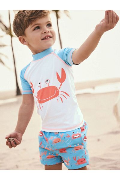Next Baby Sun Proof Upf50 Two Pieces Blue White Color Crab Themed Boys Swimwear/Shorts Set Alye22306