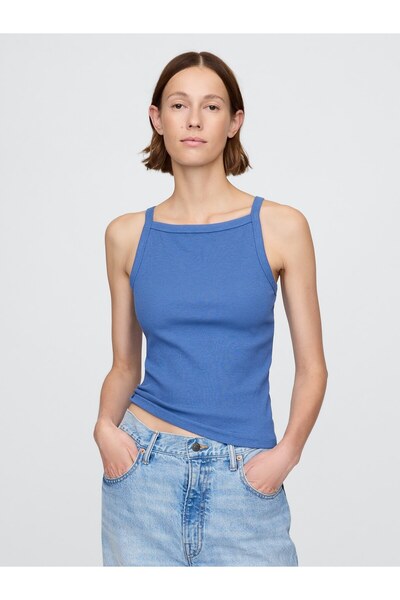 GAP Kadın Mavi Modern Önlük Yaka Kolsuz Tişört