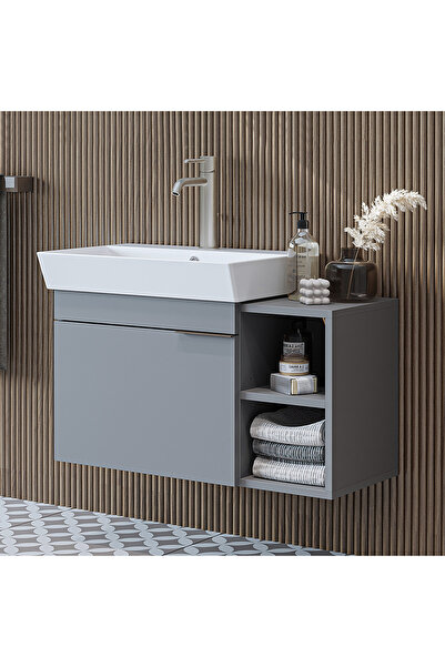 ROOMART Likya Tek Kapaklı Açık Raflı Lavabolu 82 Cm Banyo Dolabı Alt, Lavabolu Alt Banyo Dolabı