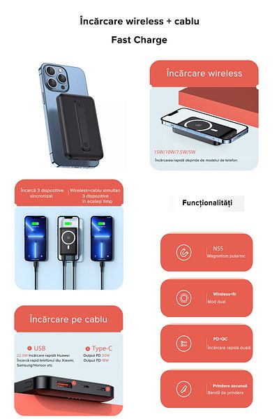 QuTek LQT magnetic battery, 10,000 mAh, wireless fast charge PB64 QC3.0 and PD22.5W