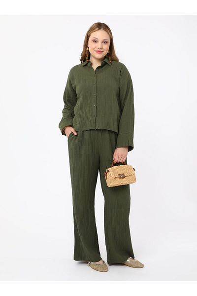 ALİA Muslin Fabric Comfortable Fit Plus Size Trousers - Khaki - Alia