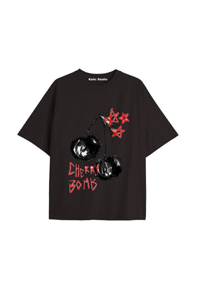 Kalic Studio Tricou negru cu imprimeu Cherry vintage Y2K KOD 82
