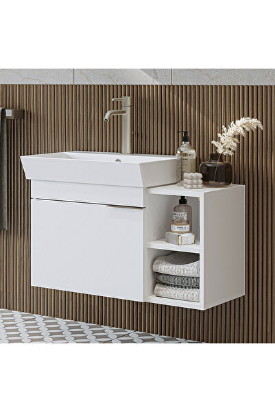 ROOMART Likya Tek Kapaklı Açık Raflı Lavabolu 82 Cm Banyo Dolabı Alt, Lavabolu Alt Banyo Dolabı