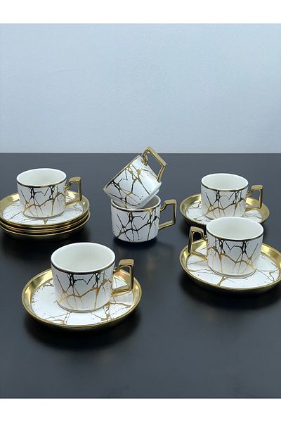 YzHome 6-Person Porcelain Gilded Coffee Cup Set with White Marble Pattern