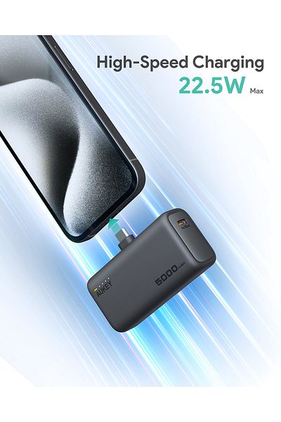 AUKEY AUKEY 20W PD، 5,000mAh, Portable Power Bank with Built-in foldable USB-C Port, Gray.