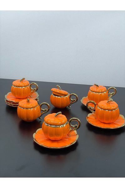 YzHome 6-Person Porcelain Orange Gold Gilded Lid Pumpkin Coffee Cup Set 100ml