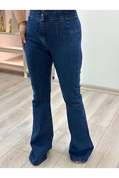 MELTEM TUĞAN Pensli İspanyol Paça Jean KOYU MAVİ