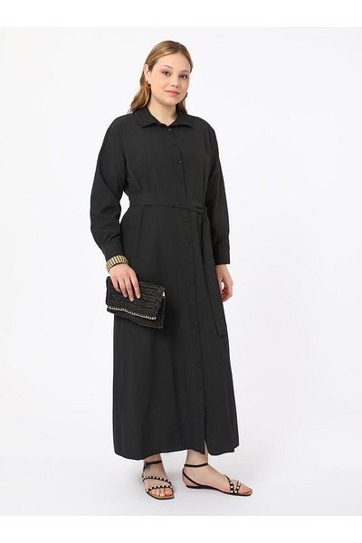 ALİA Plus Size Button-Down Shirt Dress with Belt - Black - Alia