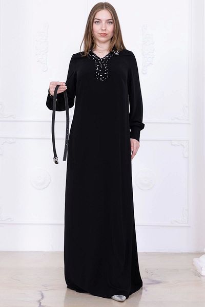 lodmela Lapel Embroidery Detailed Belted Comfortable Form Dress 1016-Black