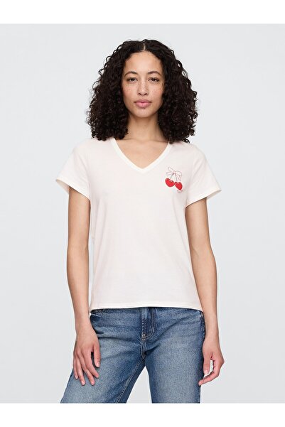 GAP Kadın Süt Beyazı V Yaka T-Shirt