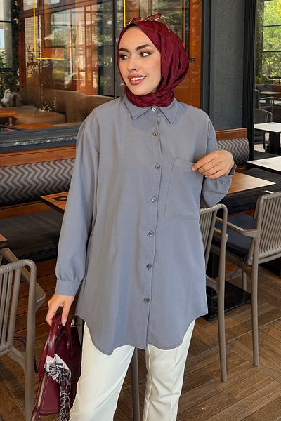 Tesettür Diyarı Women's Linda Fabric Pocket Detailed Hijab Shirt - Gray
