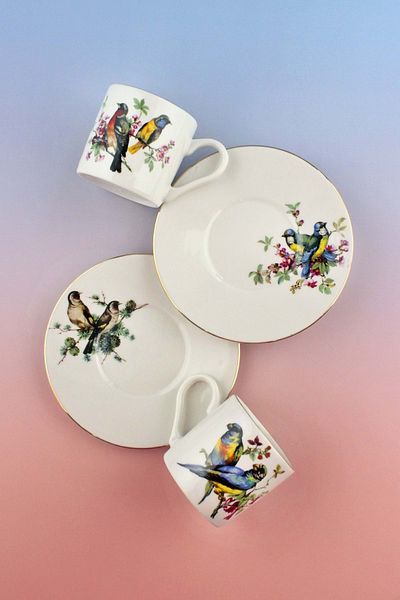 Bursa Porselen Dekor Colorful Birds Gold Gilded Two-Person Coffee Cup Set