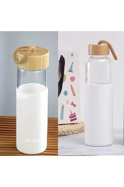 PUFO Bottle for water made of borosilicate material with silicone protection and airtight bamboo lid