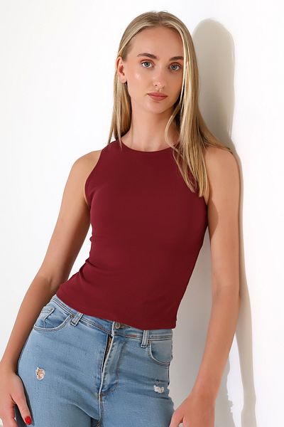 Endies Halter Neck Cotton Compact Combed Cotton Sleeveless Ribbed Undershirt 21561 Bordo