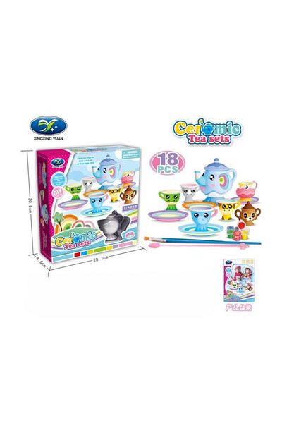 Point Plus Porcelain Tea Set Coloring Game - 18 Pieces with Animal Design + Colors and Brushes - Suitable for Children 6 Years and Up
