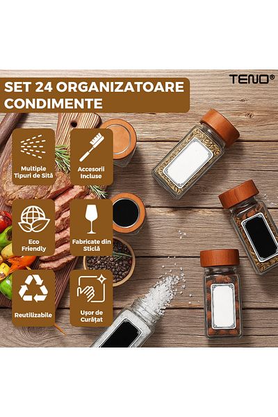 Teno Set of 24 Teno® Spice Organizer Containers, funnel, brush, sieve, labels and marker, acacia