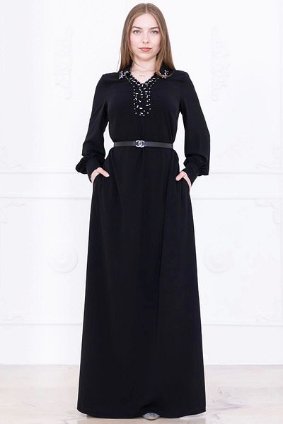 lodmela Lapel Embroidery Detailed Belted Comfortable Form Dress 1016-Black
