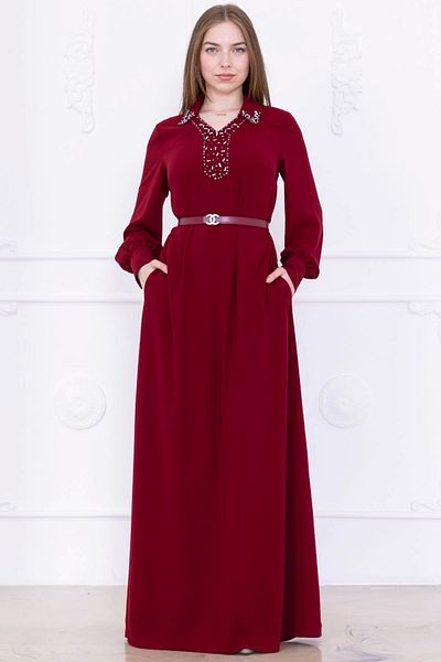 lodmela Lapel Embroidery Detailed Belted Comfortable Form Dress 1016-Burgundy