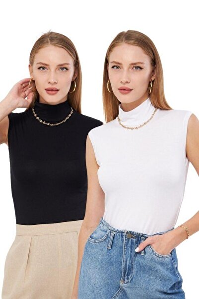 Irmak Kerekli Kadın Siyah Beyaz 2'li Kolsuz Body Yarım Boğaz Kadın Badi 2135