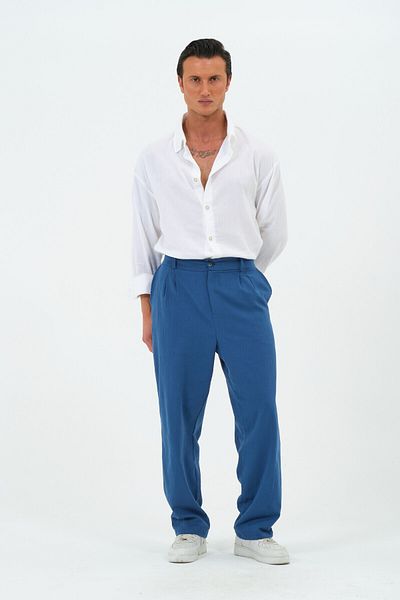 RELAXL 100% bumbac, talie înaltă, pantaloni largi, plisați, de vară, pentru bărbați, albastru Saks
