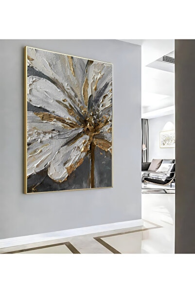 Harikabirev HARİKABİREV|GOLD GRİ SOYUT ÇİÇEK MODELİ ( CKD-144) |ÇERÇEVELİ KANVAS TABLO CKDİKEY