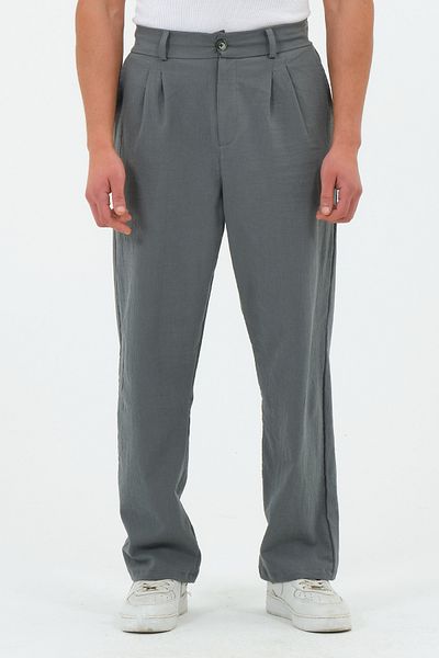 RELAXL 100% Cotton Natural Sile Cloth Comfortable Fit Pleated Dark Gray Men's Trousers