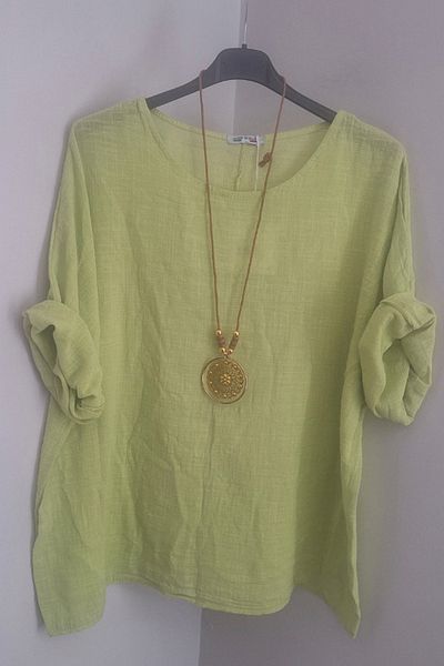 AYASOFYA OTANTIK Women's Italian Yellowish Green Oversize Loose Blouse with Necklace Accessories