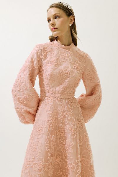 Manuka Fluffy Flowered Long Sleeve Evening Dress Powder