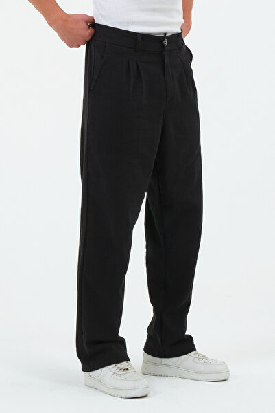 RELAXL %100 Pamuk Şile Bezi Bol Paça Pileli Baggy Siyah Pantolon