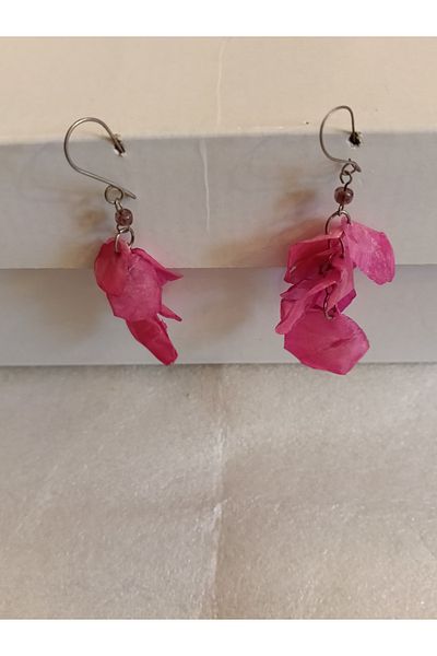 Butik Tülin Authentic Handmade Natural Fish Scale Fuchsia Pink Dangle Earrings 8X2.5 cm Made in Chile