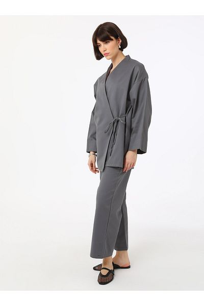 Benin Double Breasted Tie-Up 100% Cotton Kimono - Gray - Benin