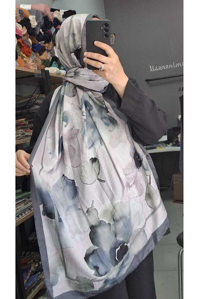 AMİNENESİL Aminenesil Bamboo Kraş Flower Pattern Shawl Gray Powder Green Color