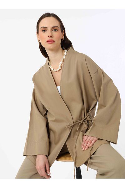 Benin Kimono din bumbac 100% cu cravată dublu - Bej- Benin