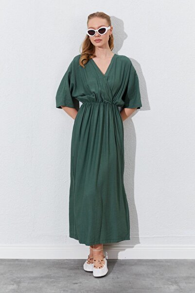 TENA Γυναικείο Χακί Μακρύ Φόρεμα με Χαμηλό Μανίκι με Σχισμές στο πλάι