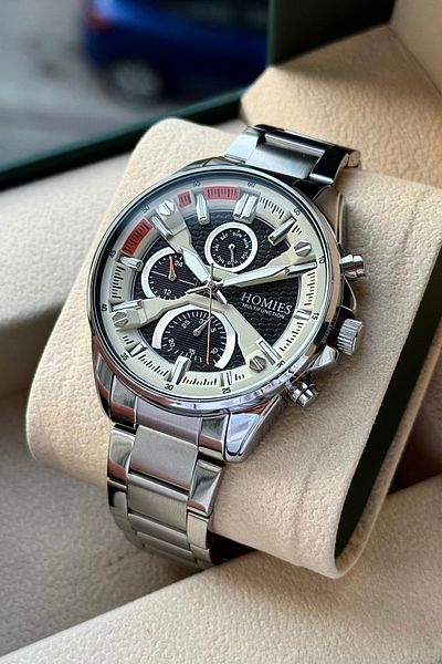 Homies Original Men's Wrist Watch 3 Atm Waterproof Silver Color Steel Cord Gift Box and Bracelet.