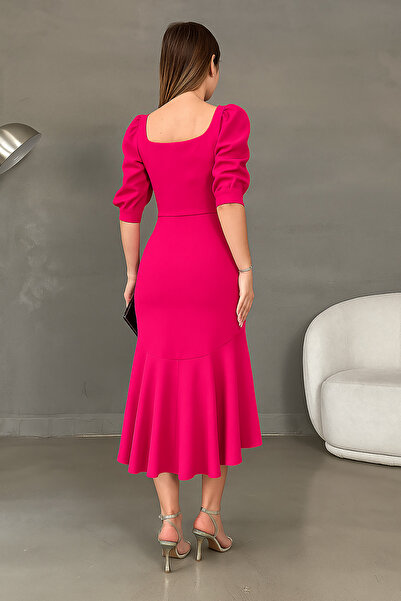 Deafox Fuchsia Crepe Fabric Square Neck Balloon Sleeve Fish Model Midi Length Dress