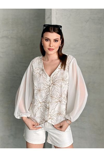 Modriq Women's Embroidered Chiffon Sleeve V-Neck White Blouse