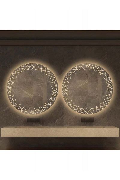 Taimi Set of 2 Round Bathroom Mirror Touch LED Light 3 Light Colors for Bathroom Bedroom Vanity 70cm