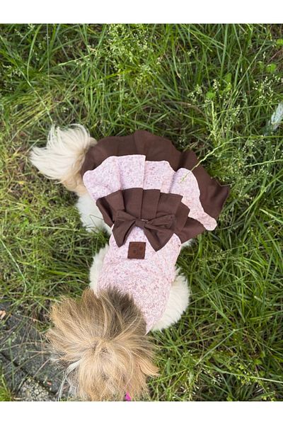 For a Fur Dog Dress Outfit Brown Pink Floral Pattern Poplin Fabric Pleated Cat Dress