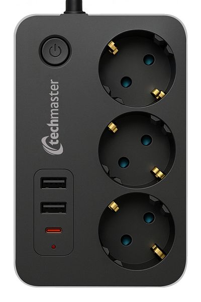 Techmaster 2 USB + Type-C حماية من التيار والحماية للأطفال 3 مقابس مربعة 5mt