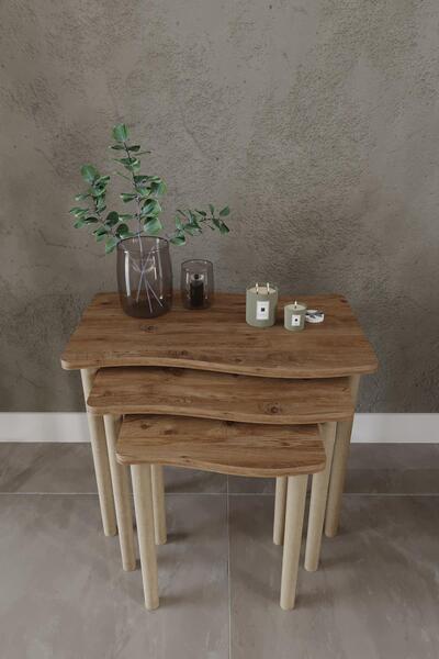 woodaria 3'lü Zigon Sehpa Takımı – Modern Bayrak Zigon Sehpa, Ahşap Ayaklı Se...