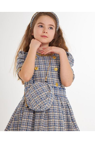 Marka Sensin Kids Girl's Gold Buttoned Skirt Lined Tutu Eid Dress Bag Crown Set of 3