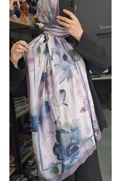 AMİNENESİL Aminenesil Bamboo Kraş Flower Pattern Shawl Lilac Blue Beige Color