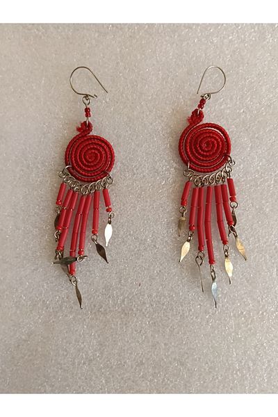 Butik Tülin Authentic Handmade Alpaca Wire Wrap Red String Bead Dangle Earrings 8.8X1.8Cm Made in Chile