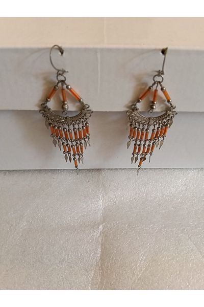Butik Tülin Authentic Handmade Alpaca Orange Glass Bead Dangle Earrings 10X2.8 cm Made in Chile
